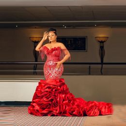 Gorgeous Red Mermaid Evening Gowns Cap Sleeves Tassels Lace Beaded Ruffles Long Train Aso Ebi Prom Dresses Custom Made