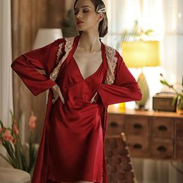 Women's Sleepwear 2PCS Burgundy Bride Dressing Robe Gown Sets Sweet Lace Floral Satin Kimono&Sexy Strap Top Nightdress Summer Underwear