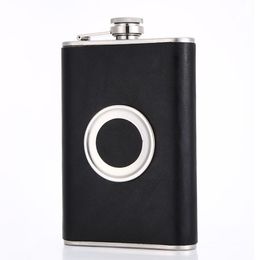 8oz Hip Flasks with a Built-in Collapsible Shot Glass & Flask Funnel Stainless Steel Premium Leathers Wrapping Black Leather SN5066