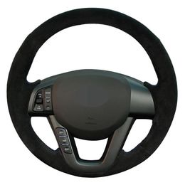 For Kia K5 Optima 2008-2013 Hand-stitched Black Genuine Leather Suede Car Steering Wheel Cover