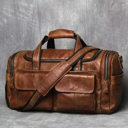 Duffel Bags Men Genuine Leather Business LargeCapacity Luxury Travel Black Casual Sport Vintage Handbag Shoulder Luggage Bag