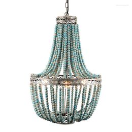 Pendant Lamps Modern Vintage E27 Wooden Beaded Hanging Chandelier Lights Blue Beads For Living Room El Kitchen Loft