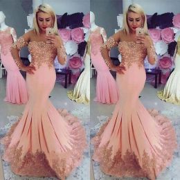 2023 Mermaid Prom Dresses Satin Designer Long Sleeves Pearls Beaded Lace Applique Custom Made Sweep Train Evening Gown Formal Ocn Wear Vestidos Plus Size 401 401