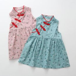 Girl Dresses Baby Dress Children Clothing Sleeveless Floral Print Cheongsam Ruched Chinese Style Summer 6M-5T