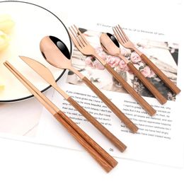 Dinnerware Sets Drmfiy 6Pcs Rose Vintage Stainless Steel Cutlery Set Korean Knife Fork Spoon Chopsticks Tableware Imitation Wood