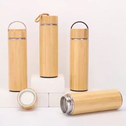 Natural Bamboo Stainless Steel Liner Thermos Water Bottles Vacuum Flasks Insulated Bamboo Cup For Tea Drinking RRA902