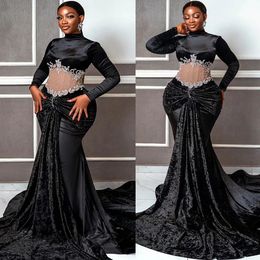 2023 Arabic Aso Ebi Black Mermaid Prom Dresses Beaded Crystals Velvet Evening Formal Party Second Reception Birthday Party Gowns