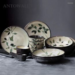 Dinnerware Sets ANTOWALL Japanese Korean Ceramic Handpainted Plant Tableware Set Soup Deep Plate Flat Dish Noodle Rice Bowl Sauce