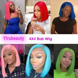 Brazilian Human Hair 4X4 Lace Bob Wig Silky Straight Red Green Purple Colour 150% Density Peruvian Indian Raw Virgin Hair Wigs