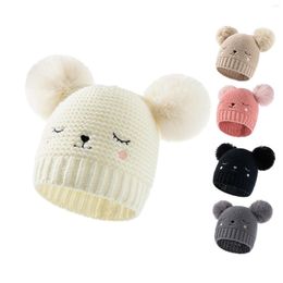 Hats Toddler Baby Warm Knitted Hat - Winter Kids Solid Colour Double Ball Hair Embroidery Children's Pour Enfants Bebes