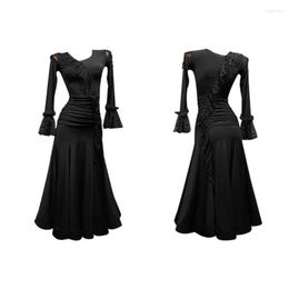 Stage Wear 2023 Standard Ballroom Dance Dress Women Black Competition Practise Trumpet Sleeves Performence Clothes