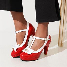 Dress Shoes PXELENA Spring Bowtie Mixed Colors T-Strap Thin High Heels Pumps Mary Jane Pearl Patent Leather Women Big Size 34-43