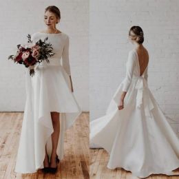 Einfacher eine Linie Brautkleider Brautkleid Satin hoher niedriger Rückenless langärmelig plus Größe maßgeschneiderte Garten Vestido de Novia 403