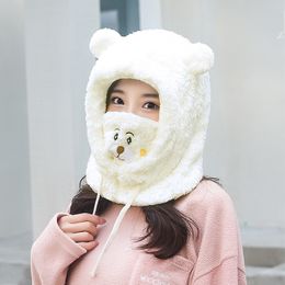 Winter Cute Bear Mask One-Piece Hat Warm Thickened Ear Protection Cap for Women Girl Windproof Neck Scarf Lady Cashmere Hat