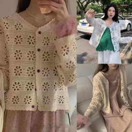 Women's Polos Women French Style Hollow Out Crochet Knit Floral Cardigan Long Sleeve O-Neck Button Down Blouse Loose Cropped Jacket