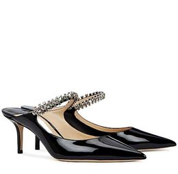 Fashion Women Pumps SLIDE Sandals BING 65mm Perfect Patent Leather Pointy Toes Slingback Crystal Strap Embellished Designer High Heels Sandal EU 35-43