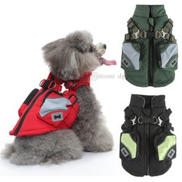 Winter Dog Apparel Harness Two-in-One Soft Fleece Lined Warm Dog Jacket Waterproof Windproof with Snack Bag Pet Vest for Small Dogs in Cold Weather Red A513