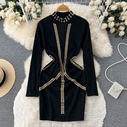 Casual Dresses VANOVICH Embroidered Flares Design Long-sleeved Turtleneck Dress Autumn Women's Waist Slim Black Knee-Length