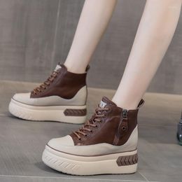 Dress Shoes Spring Autumn Fashion Height Increasing Platform Cross-tied Genuine Leather Women High-top Sneakers Winter Plush Pumps