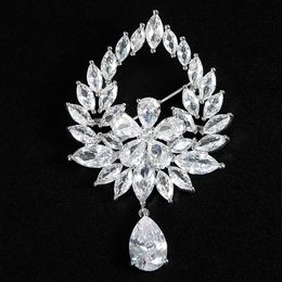 Fashion Large Crystal Teardrop Silver Colour Brooch Pin for Women Wedding Bouquets Luxury Collar Accessories Jewellery Gift