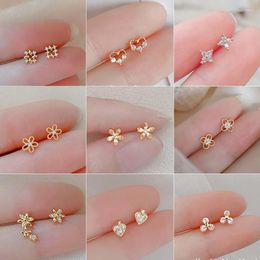 Stud Earrings 925 Silver Needle Mini Crystal Small For Women Korea Flower Love Heart Cartilage Tragus Piercing Jewelry