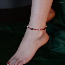Anklets XF800 Real Natural Freshwater Pearl Anklet Garnet Hand Woven Adjustable Red String For Women Fine Jewellery Gifts S526