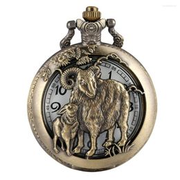Pocket Watches Chinese Zodiac Sheep Bronze Watch Half Antique Pendant Necklace Fob Chain Retro Clock Unisex Gifts