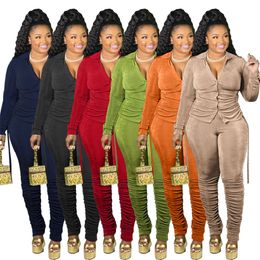 Designer Velvet Tracksuits Women Fall Winter Sweatsuits Long Sleeve Bandage Shirt and Stacked Pants Two Piece Sets Casual Outfit Bulk Wholesale Clothes 8667