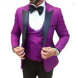 Men's Suits Purple Prom Men For Wedding Groomsmen Tuxedos 3 Piece Floral Pattern Man Suit Set Blazer Vest With Black Pants Fashion