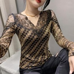 Women's T Shirts #7984 Mesh Shirt Women Hollow Out Shiny Diamonds Sexy Tight T-Shirt Long Sleeve Leopard Printed Off Shoulder Top