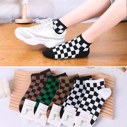 Women Socks Funky Harajuku Checkerboard Geometric Checkered Low Tube Short Hip Hop Cotton Streetwear Crew Ankle Girls Sox