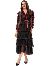 Casual Dresses Designer Fashion Spring Autumn Women's Celebrity Tierred Ruffles Black Chiffon Midi Dress Party High Quality