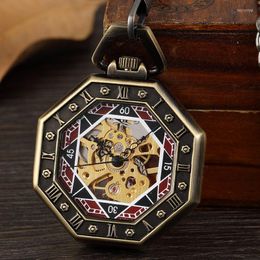 Pocket Watches Antique Delicate Engrave Octagon Mechanical Watch For Men Steampunk Skeleton Fob Chain Bronze Necklace Clock