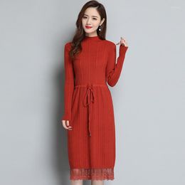 Casual Dresses Fashion Lace Dress Women Vintage Turtleneck Medium And Long Section 2023 Autumn Knitted Women's Clothing