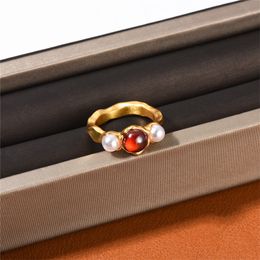 Retro Personality Fashion Garnet Pearl Ring Minority Design Ins Style Temperament All-Match Jewelry Accessories Woman