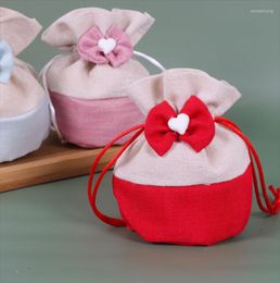 Gift Wrap Luxury Creative Drawstring Polyester Cotton Linen Bowknot Canvas Bag Wedding Candy Box