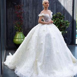 3D Flowers Dubai Ball Gown Wedding Dress Illusion Jewel Neck Beads Saudi Arabic Sweep Train Bridal Gowns