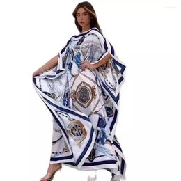 Ethnic Clothing European Printed Summer Silk Bohemian Kaftan Dresses For Women Oversized African Muslim Full Lengt Abaya MAxi Dress