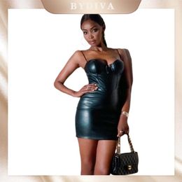 Casual Dresses Sexy Black PU Leather Bodycon Mini Dress Party Club Evening Vestidos Deep V Straps Corset Women Backless Sheath