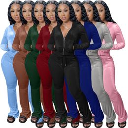 Fall Winter Designer Velvet Tracksuits Women Sweatsuits Long Sleeve Velour Jacket and Flare Pants Two Piece Sets Matching Outfits Casual Sports suits clothing 8688