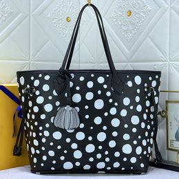 Large Tote Shopping Bag Women Shoulder Bags Genuine Leather White Polka Dot Pattern Fashion Letters Interior Zip Pocket Silver Hardware 32cm