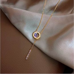 Roman Digital Titanium Steel Colourless Necklace For Woman Fashion Korean Jewellery Christmas Sexy Purple Crystal Neckchain