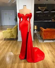 African Sexy Simple Red Satin Mermaid Prom Dresses Off Shoulder Long Sleeve High Side Split Formal Party Gowns Custom Made Vestidos De Feista 2023