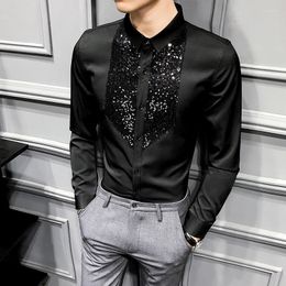 Men's Casual Shirts Sequins Tuxedo Men Long Sleeve Camisa Masculina 2023 Black White Slim Fit Dress Streetwear Social Tops