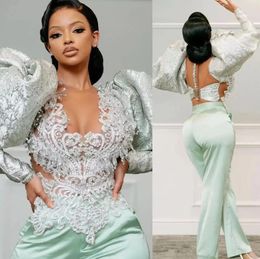 Mint Green Lace Stain Prom Jumpsuit Dresses with Puffy Long Sleeve Sheer Neck Beaded Crystal Aso Ebi Evening Gown Pant Suit