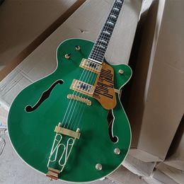 6 Strings Green Semi Hollow Electric Guitar with Big Tremolo Rosewood Fretboard Gold Pickguard Customizable