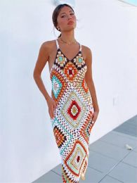 Casual Dresses 2023 Boho Multi Color Crochet Knitted Midi Dress Women Summer Sleeveless Hollow Out Beachwear Sundresses Vestidos