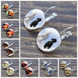 Stud Earrings White And Black Horses Earring Fashion Animal Hoop Glass Cabochon Jewellery Crazy Horse Ear Hook Women Lover Gift