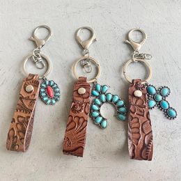 Party Vintage Embossed Cowhide Keychains Western Style Turquoise Pumpkin Flower Pendant Textured Cowhide Keychain Jewellery RRC862