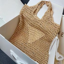 High Quality Design Women Tote Straw Beach Bags Apricot Handmade Raffia Shoulder Bag Summer Travel Handbags Black Letter Printing 282Q